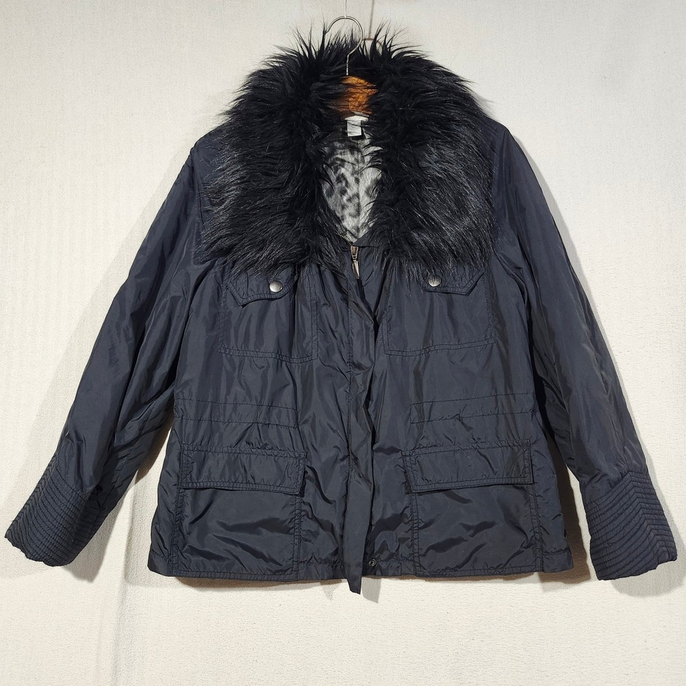 Chicos Black Faux Fur Collar Utility Jacket Leopard Print Lining Size 2 Large